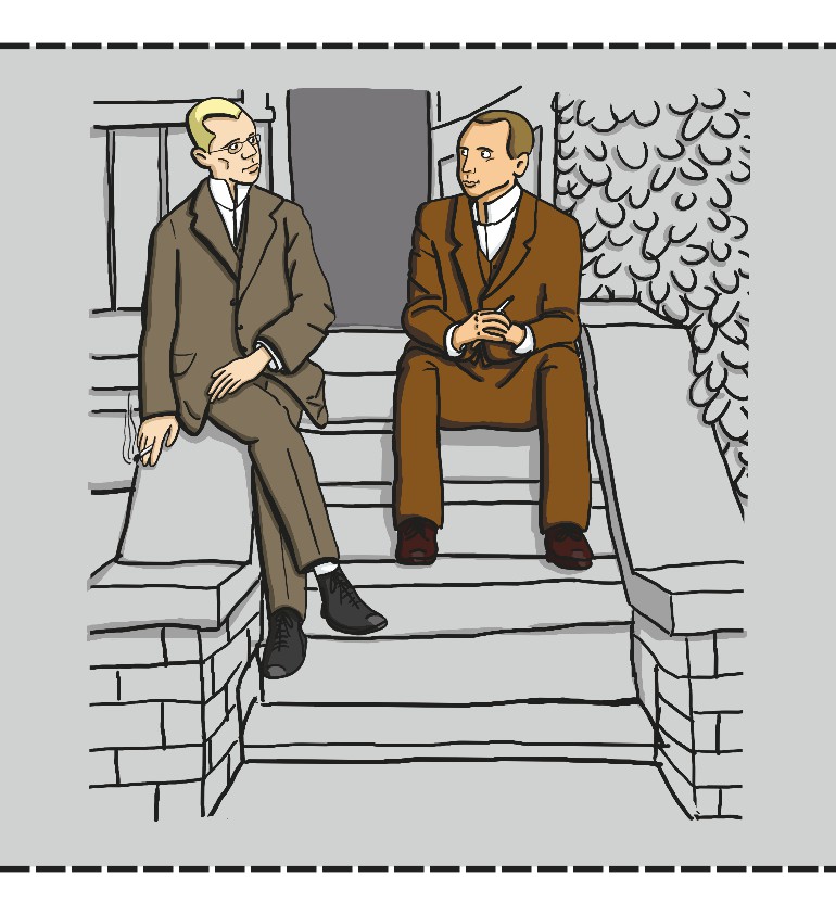 Illustration: Ulrich Ditzen und sein Bruder Hans (Fallada) sitzen auf der Treppe ihres Elternhauses. Beide haben eine Zigarette in der linken Hand.
